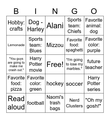 Mrs. Evans Bingo Card