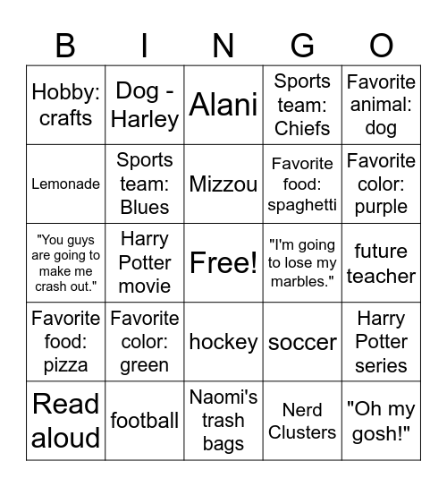 Mrs. Evans Bingo Card