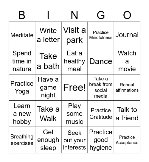 Self-Care Bingo Card