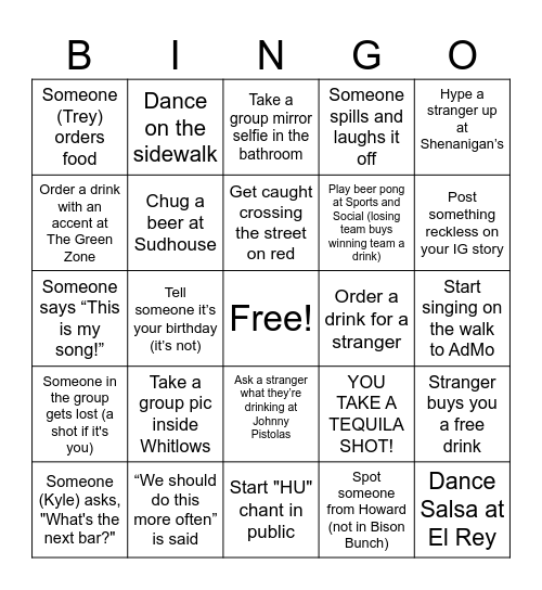 BISON BUCH BAR CRAWL Bingo Card