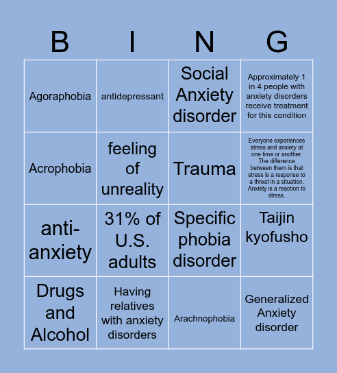Anxiety Disorder Bingo Card