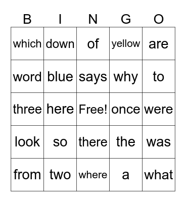 Sight Words Bingo Card