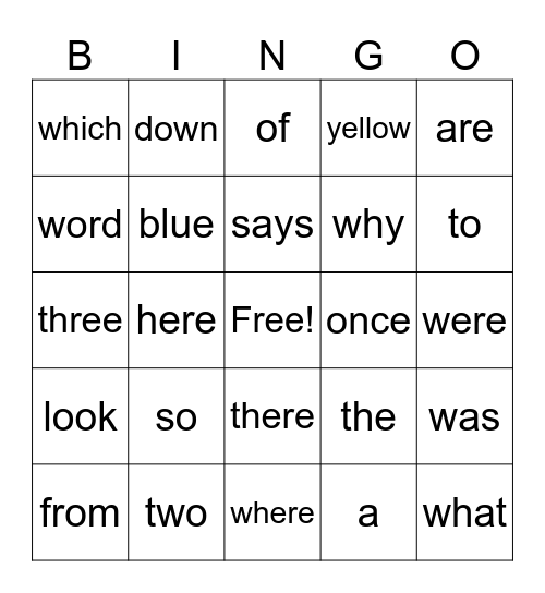 Sight Words Bingo Card
