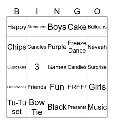 Neveah's 3rd Birthday Bingo Card
