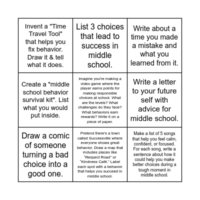 Behavior Choice Board Bingo Card
