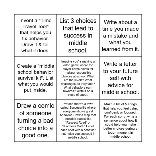Behavior Choice Board Bingo Card