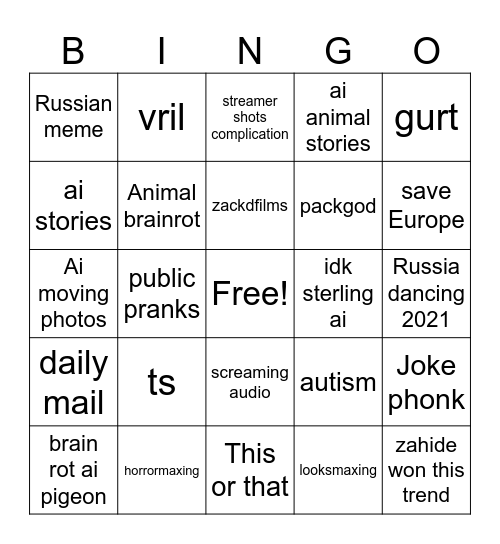 TikTok brain rot fyp Bingo Card