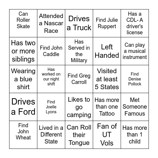 People Scavenger Hunt Bingo Card