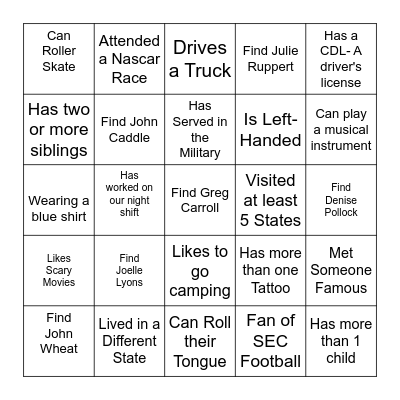 People Scavenger Hunt Bingo Card