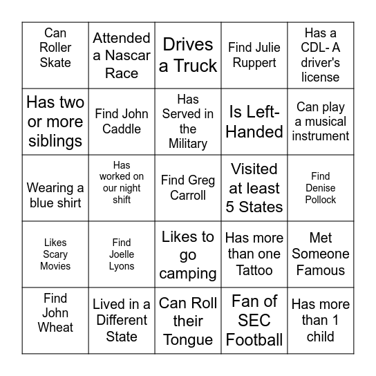 People Scavenger Hunt Bingo Card