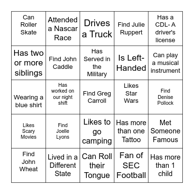 People Scavenger Hunt Bingo Card