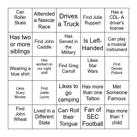People Scavenger Hunt Bingo Card