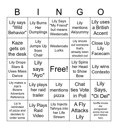 Just a Regular LilySleepsLate Stream Bingo Card