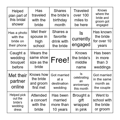 Wedding Shower Guest Bingo Card