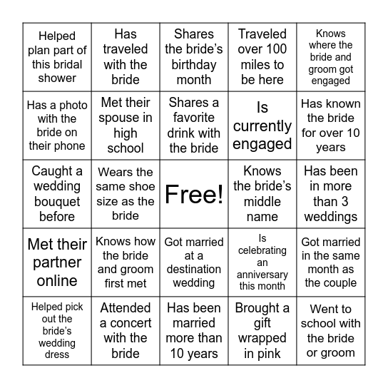 Wedding Shower Guest Bingo Card