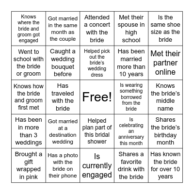 Wedding Shower Guest Bingo Card