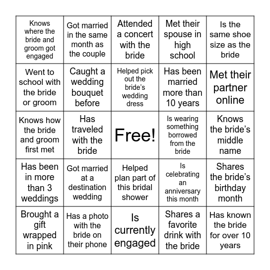 Wedding Shower Guest Bingo Card