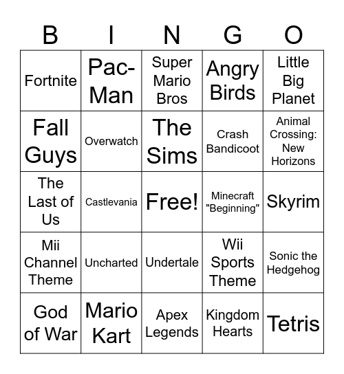 Video Game Music Bingo Card