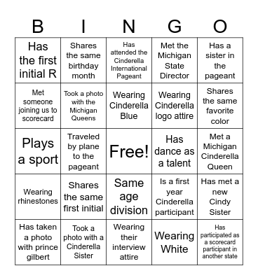 Michigan Cinderella Pageant Bingo Card