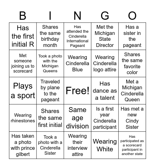 Michigan Cinderella Pageant Bingo Card