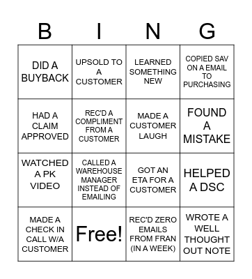 CUSTOMER SERVICE BINGO Card
