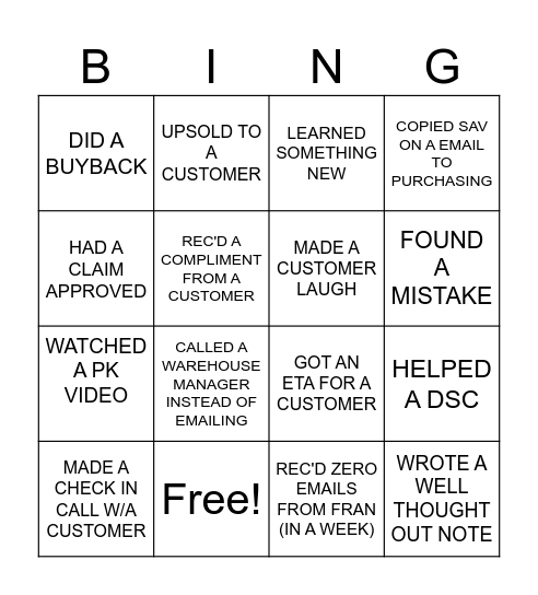 CUSTOMER SERVICE BINGO Card