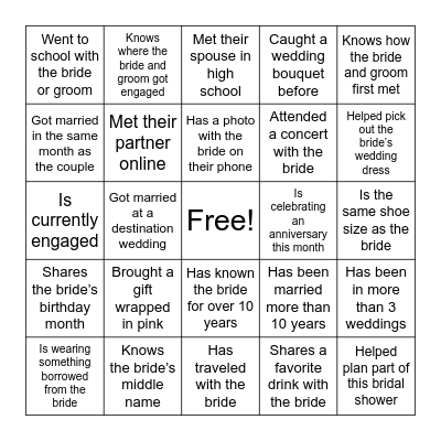 Wedding Shower Guest Bing Bingo Card