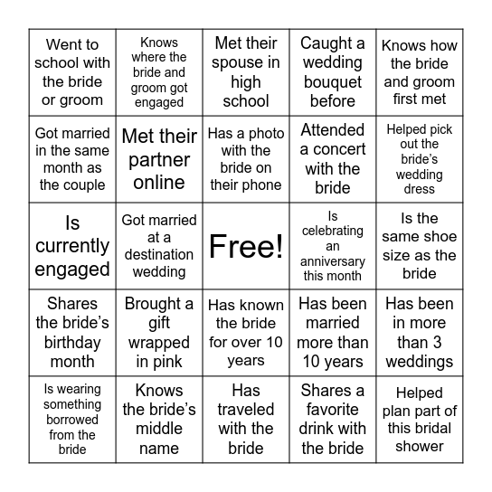 Wedding Shower Guest Bing Bingo Card