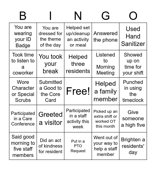 Nursing Home Week Bingo Card