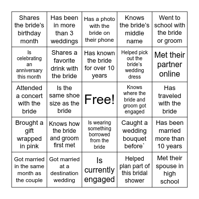 Wedding Shower Guest Bingo Card