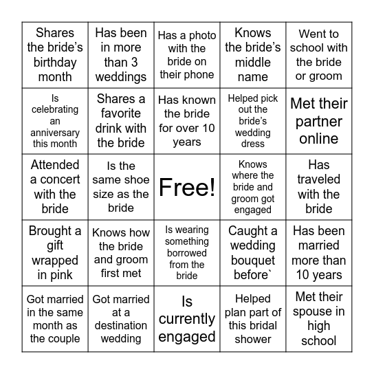 Wedding Shower Guest Bingo Card