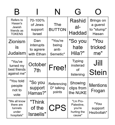 Ethan/Hasan Debate Bingo Card