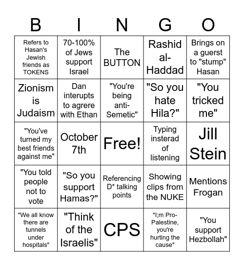 Ethan/Hasan Debate Bingo Card