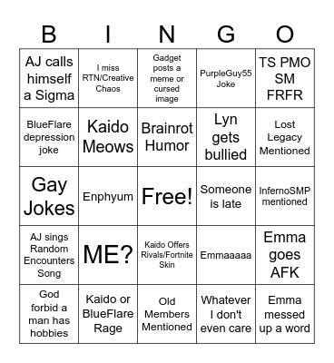 Silly Society/MyNameIsAJ Bingo Card