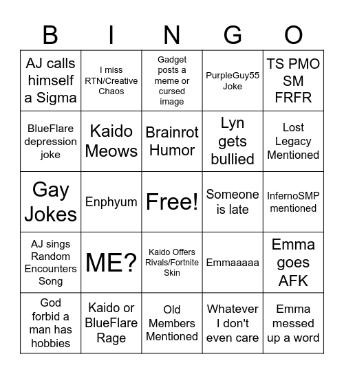 Silly Society/MyNameIsAJ Bingo Card