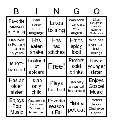 Get to Know You Bingo Card