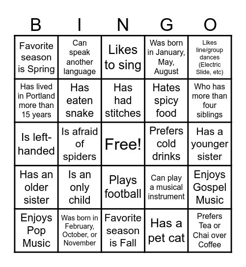 Get to Know You Bingo Card