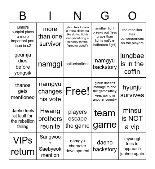 Squid Game s3 predictions ^_^ Bingo Card