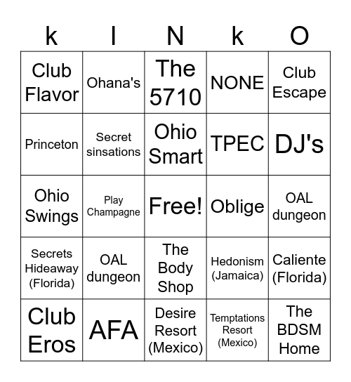 lifestyle clubs, events, resorts Bingo Card
