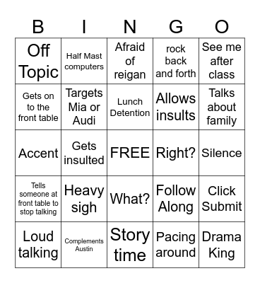 Mr Mistler Actions Bingo Card