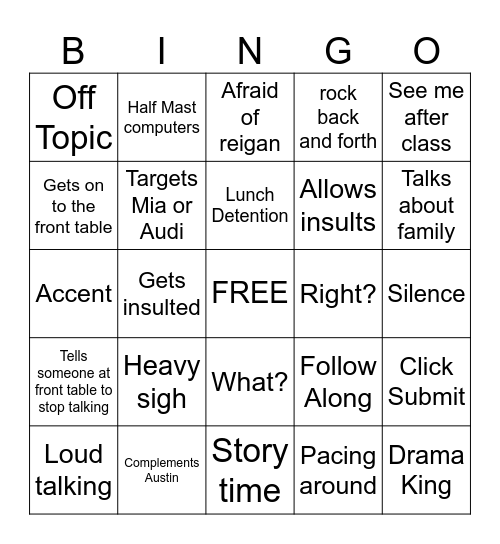Mr Mistler Actions Bingo Card