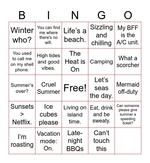 Summer Slack Scavenger Hunt Bingo Card