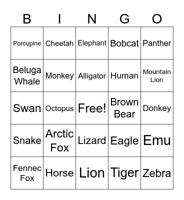 Animal Bingo Card