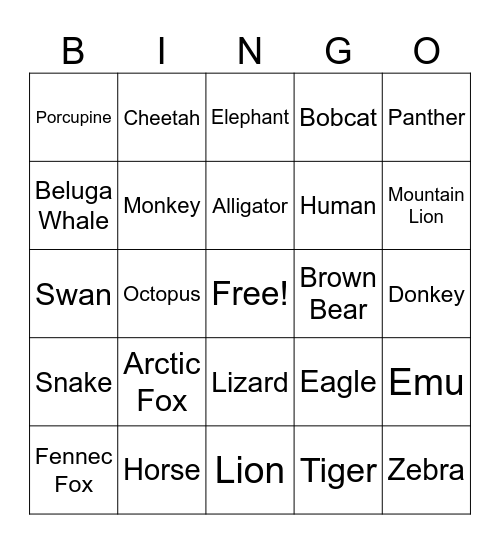 Animal Bingo Card