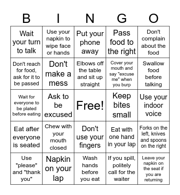 Table Manners Bingo Card
