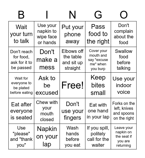 Table Manners Bingo Card