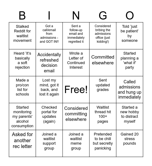 College Waitlist Bingo Card