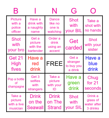 21st Birthday Family Bar Crawl Bingo Card