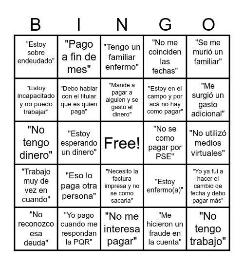 Bingo de objeciones Bingo Card