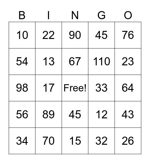 10 more, 10 less Bingo Card
